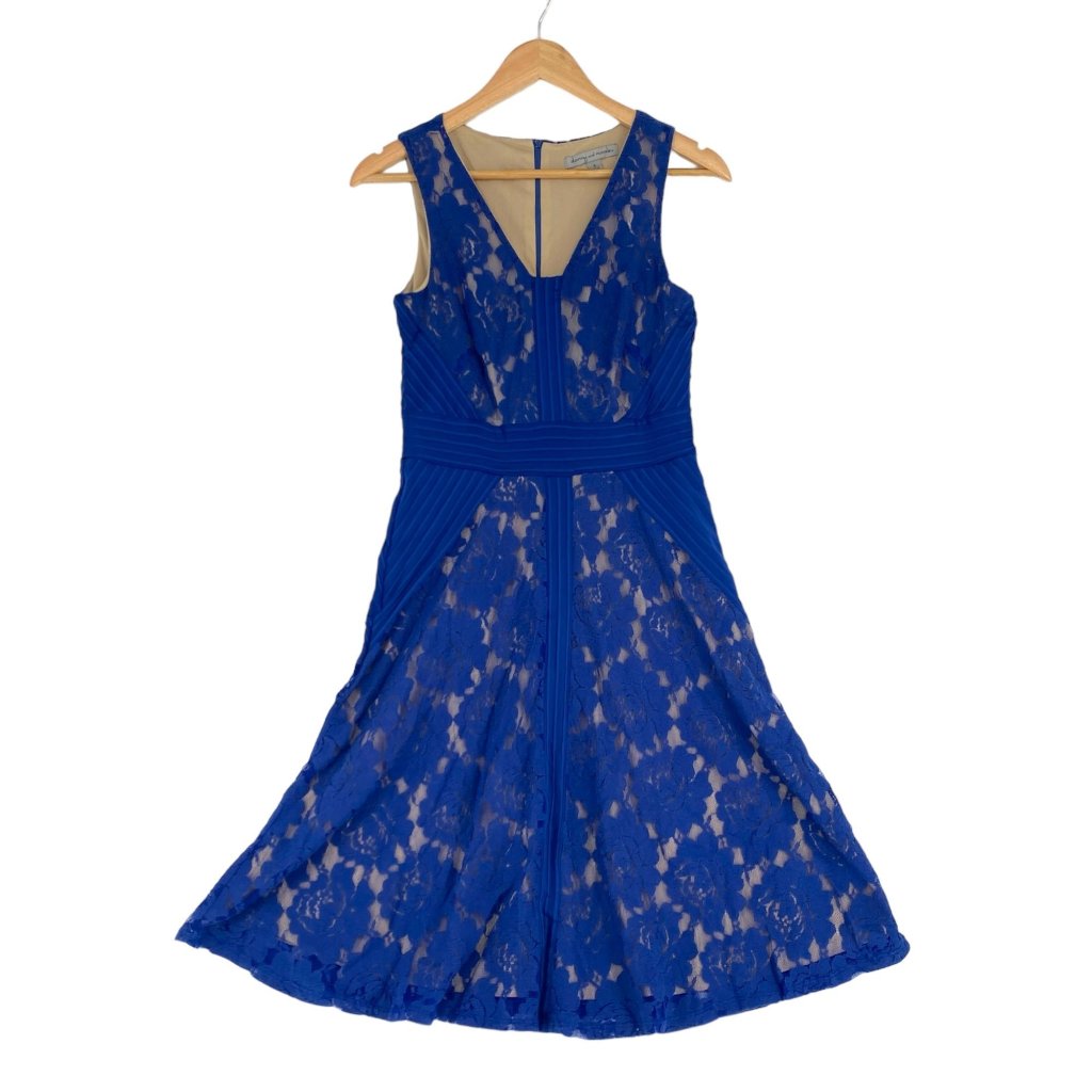 Danny Nicole Womens 4 Royal Blue Sheath Dress Lace Fit Flare Vneck Sleeveless